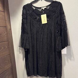 Rebellion Black Lined Lace Trim Flutter Sleeve Midi Dress 2X NWT